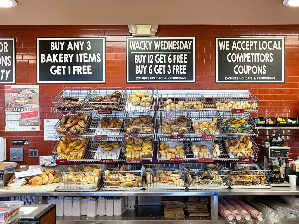 Fresh bagels in a bagel shop display