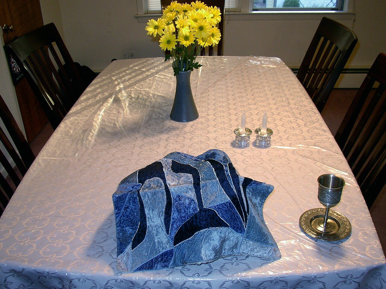 Shabbat table set with candles, challah and wine